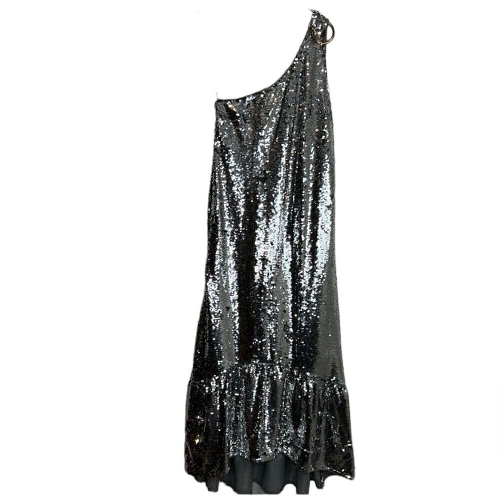 NEW Anthropologie Maeve Sequin One Shoulder Ruffle Midi Dress Silver - Picture 6 of 13